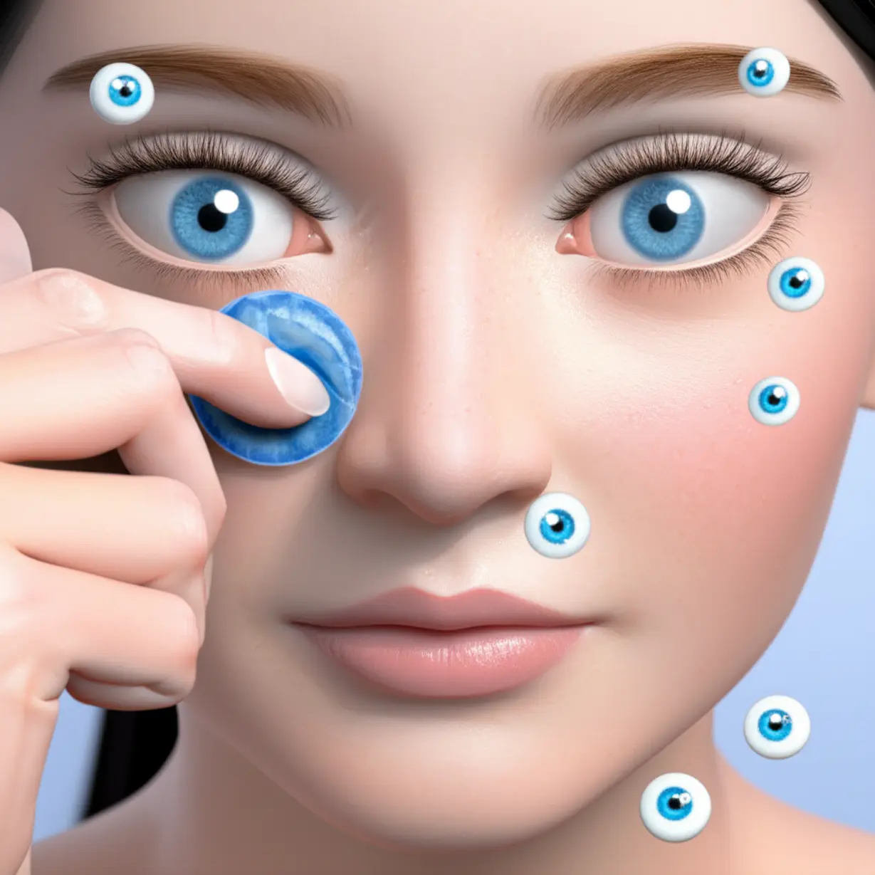 A-cute-3D-cartoon-person-gently-applying-a-cool-compress-to-their-eye,-with-clear,-sparkling-eyes.