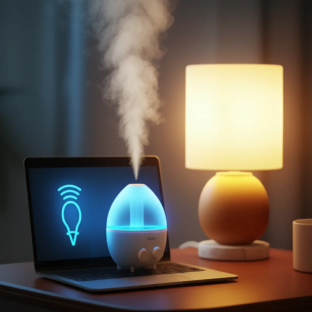 가습기가-미세한-안개를-뿜고,-따뜻한-간접-조명과-미니멀한-화면에-블루-라이트-필터-아이콘이-있는-아늑한-실내-공간을-보여주는-귀여운-3D-이미지로-눈-건강에-좋은-환경을-상징