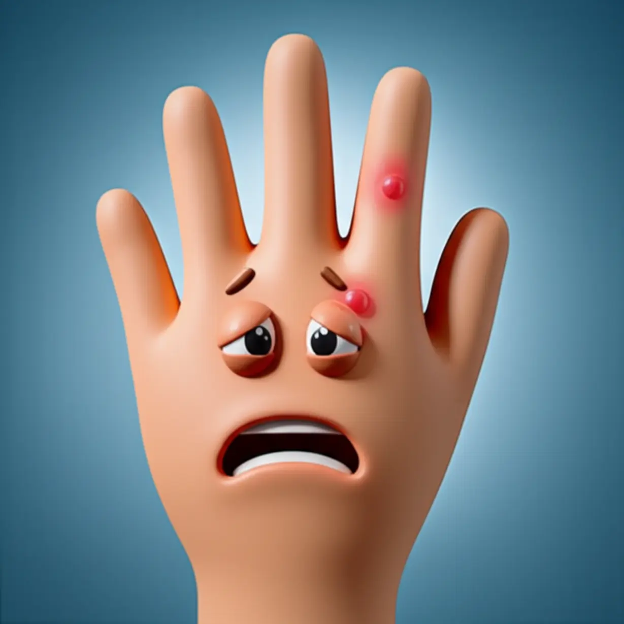 Cute-3D-cartoon-hand-struggling-to-hold-a-pen-or-dish-due-to-a-prominent-blister,-symbolizing-the-daily-difficulties-caused-by-hand-blisters.