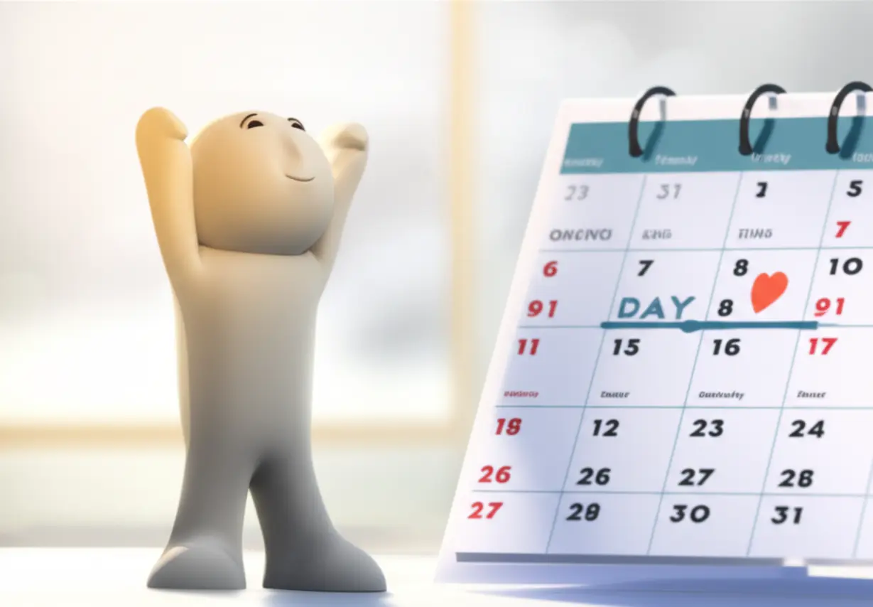 A-cute-3D-character-stretching-peacefully,-symbolizing-relief-and-freedom-from-anxiety,-with-a-calendar-representing-regained-daily-life.