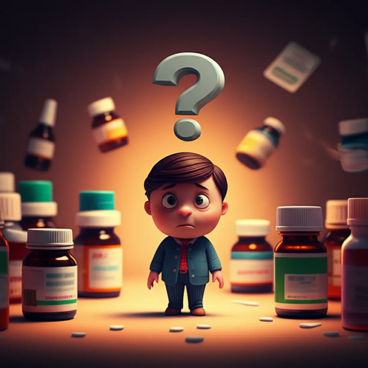 다양한-위장약-병에-둘러싸여-혼란스럽고-지쳐-보이는-좌절한-사람의-귀여운-3D-이미지
