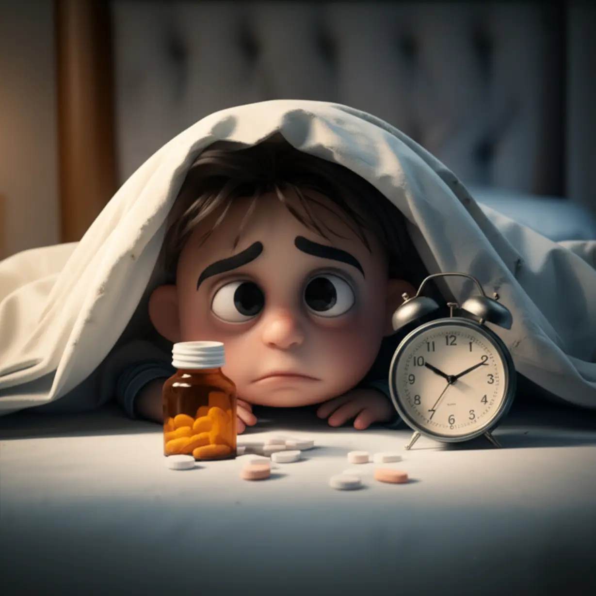 강한-수면제-복용-후-아침에-몸이-찌뿌둥하고-힘들어하는-사람의-모습,-흐트러진-침대와-약통이-보입니다.