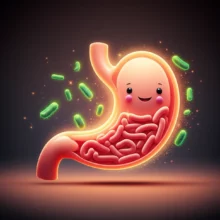 행복하고-건강한-장을-표현하는-귀여운-3D-캐릭터와-반짝이는-유익균들