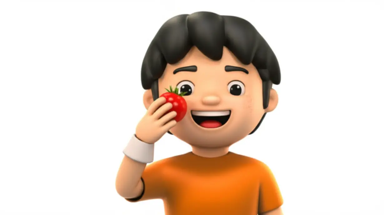 A-joyful-person-happily-eating-a-stevia-cherry-tomato,-looking-slim-and-energetic.