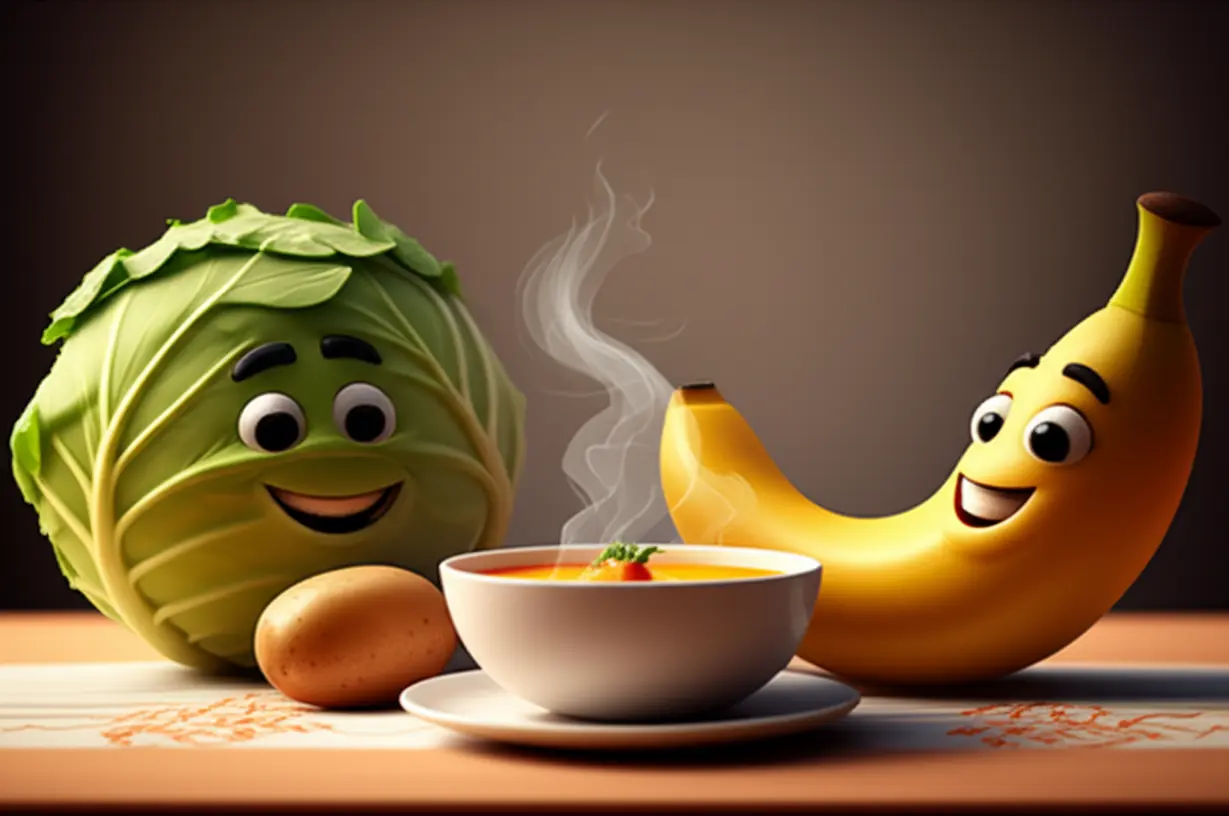 귀여운-3D-캐릭터화된-건강하고-편안한-음식들(미소-짓는-양배추,-감자,-바나나,-따뜻한-수프-한-그릇-등)이-아름답게-꾸며진-식탁-위에-놓여-있고,-부드럽고-따뜻한-조명이-비추는-모습.