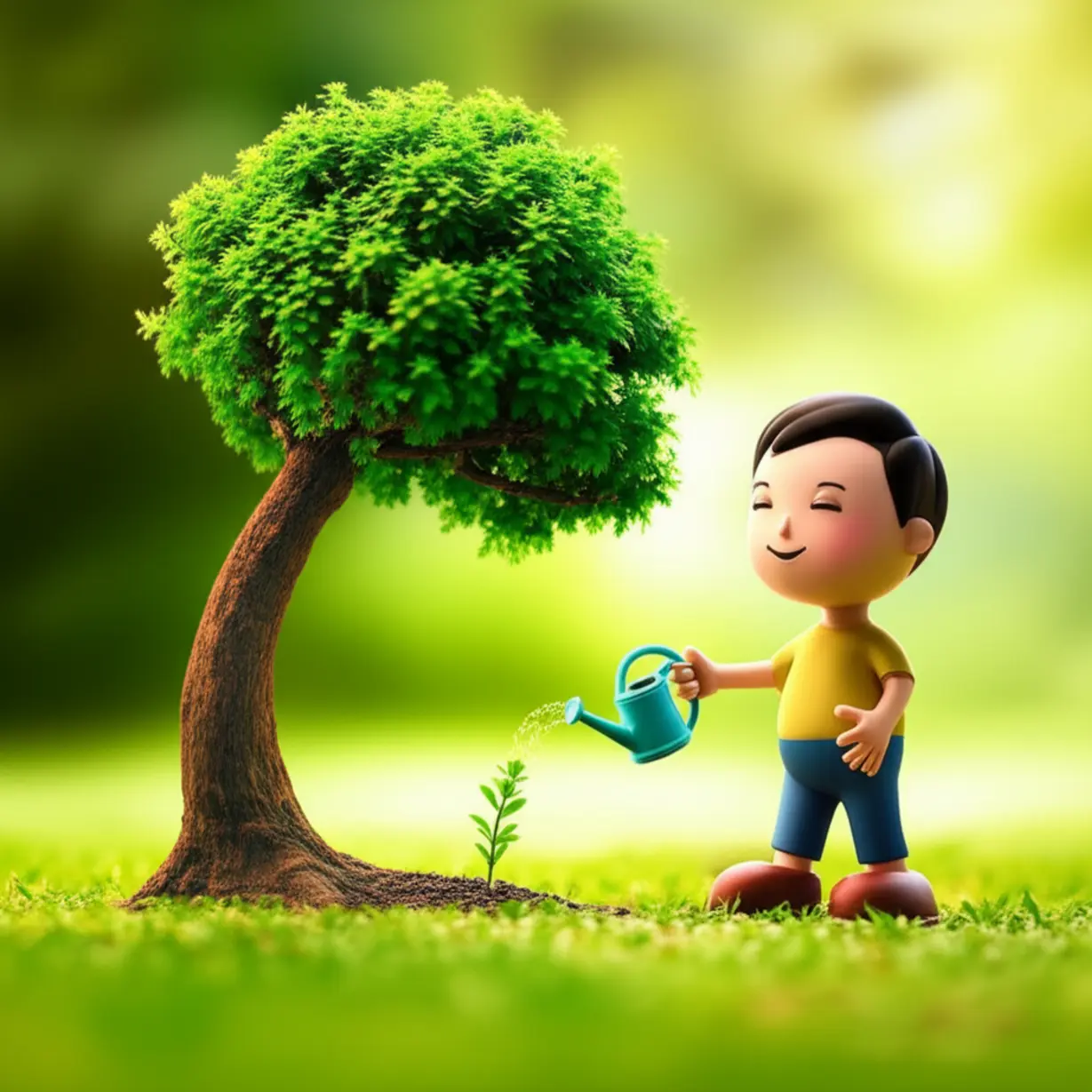 작은-식물에-물을-주며-행복해하는-사람과-건강하게-자란-나무