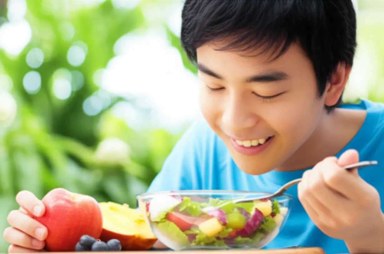 A-cute-3D-person-happily-eating-a-balanced-meal-in-a-sunny,-calm-environment-with-plants.