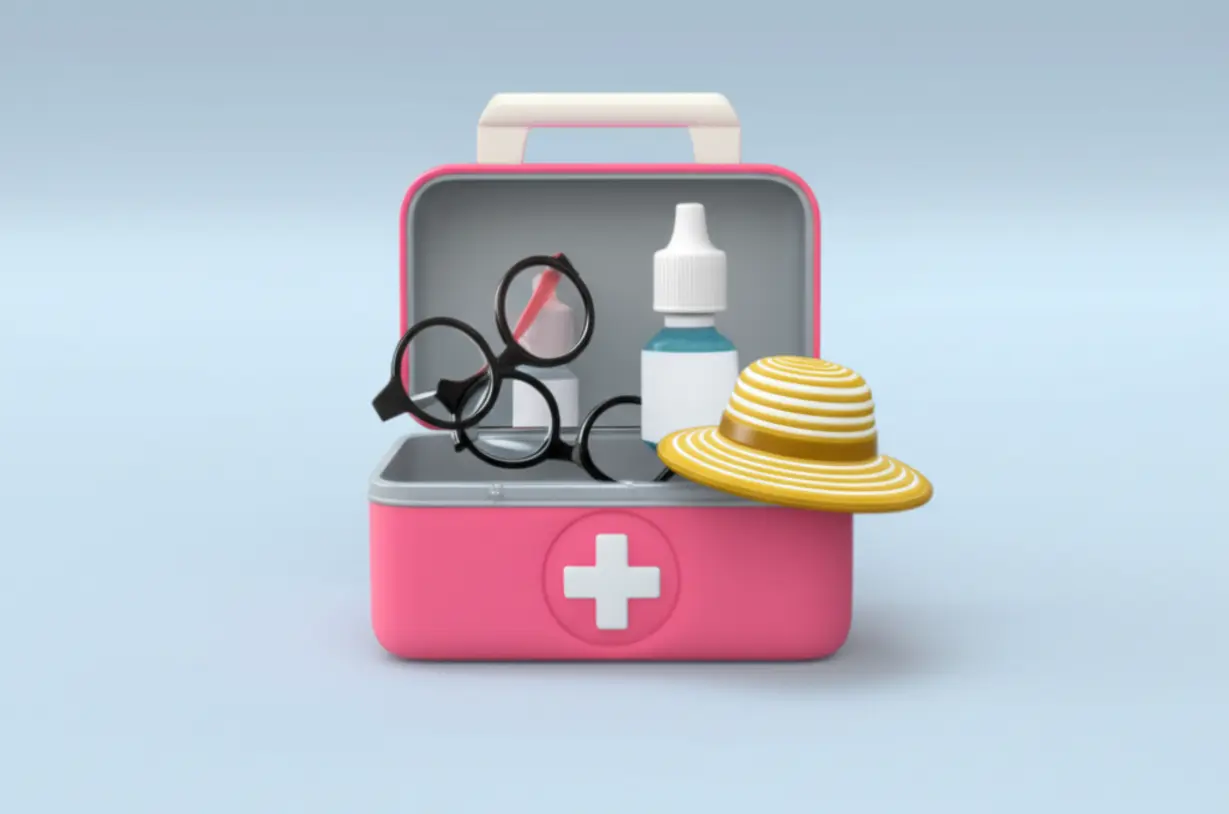 작고-열린-구급상자-안에-반짝이는-작은-안약병,-미니어처-스타일의-안경,-미니어처-선캡이-들어있어-매우-유용하고-접근하기-쉬워-보이는-귀여운-3D-이미지