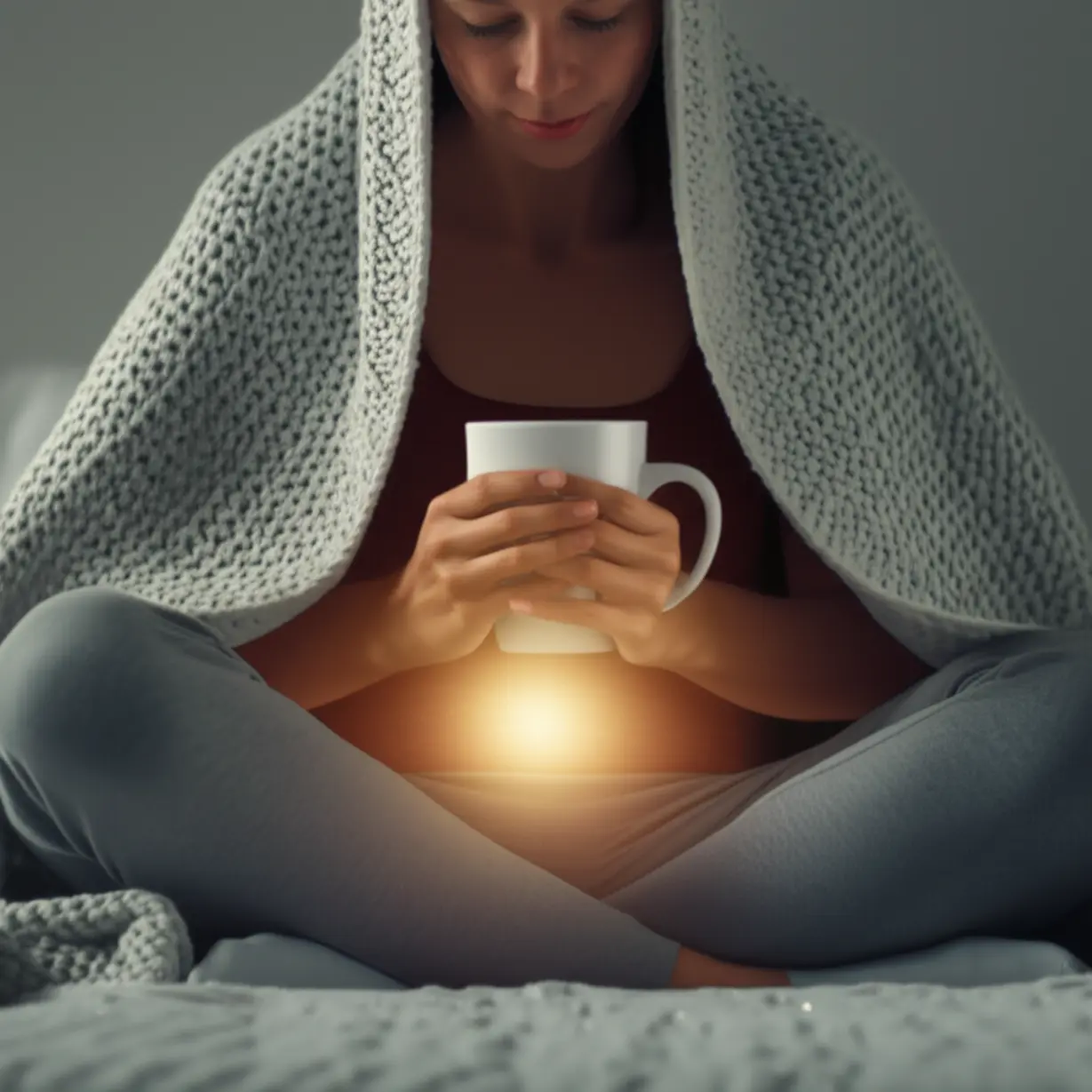 귀여운-3D-캐릭터가-따뜻하고-부드러운-담요-아래-평화롭게-앉아-따뜻한-머그잔을-들고-있으며,-배에서-부드러운-치유의-빛이-퍼져-나오는-모습.