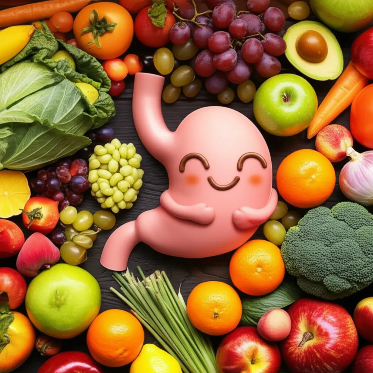 속-편안히-잠들어-있는-행복한-위-아이콘이-과일과-채소-같은-건강한-음식들로-둘러싸여-있는-귀여운-3D-캐릭터