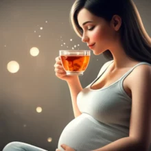 임신-중인-여성이-따뜻한-루이보스티를-평화롭게-마시며-편안함을-느끼는-모습