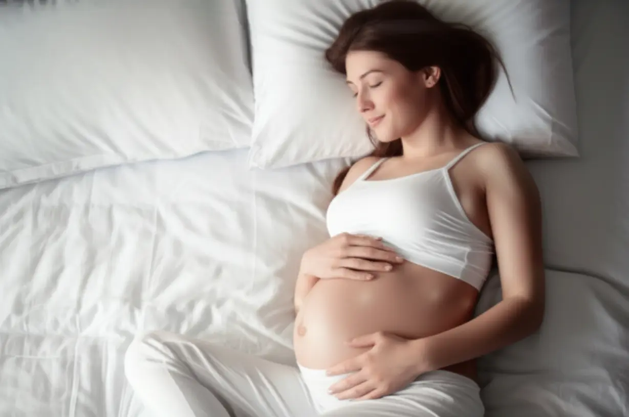임신-중인-여성이-부드럽고-따뜻한-침대에서-평화롭게-잠들어-미소-짓는-모습