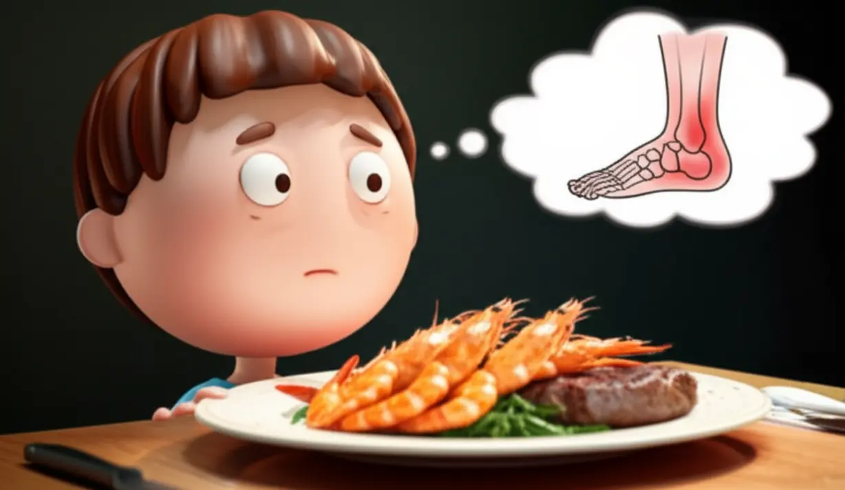 맛있는-스테이크와-새우를-보고-발-통증을-생각하는-사람의-모습