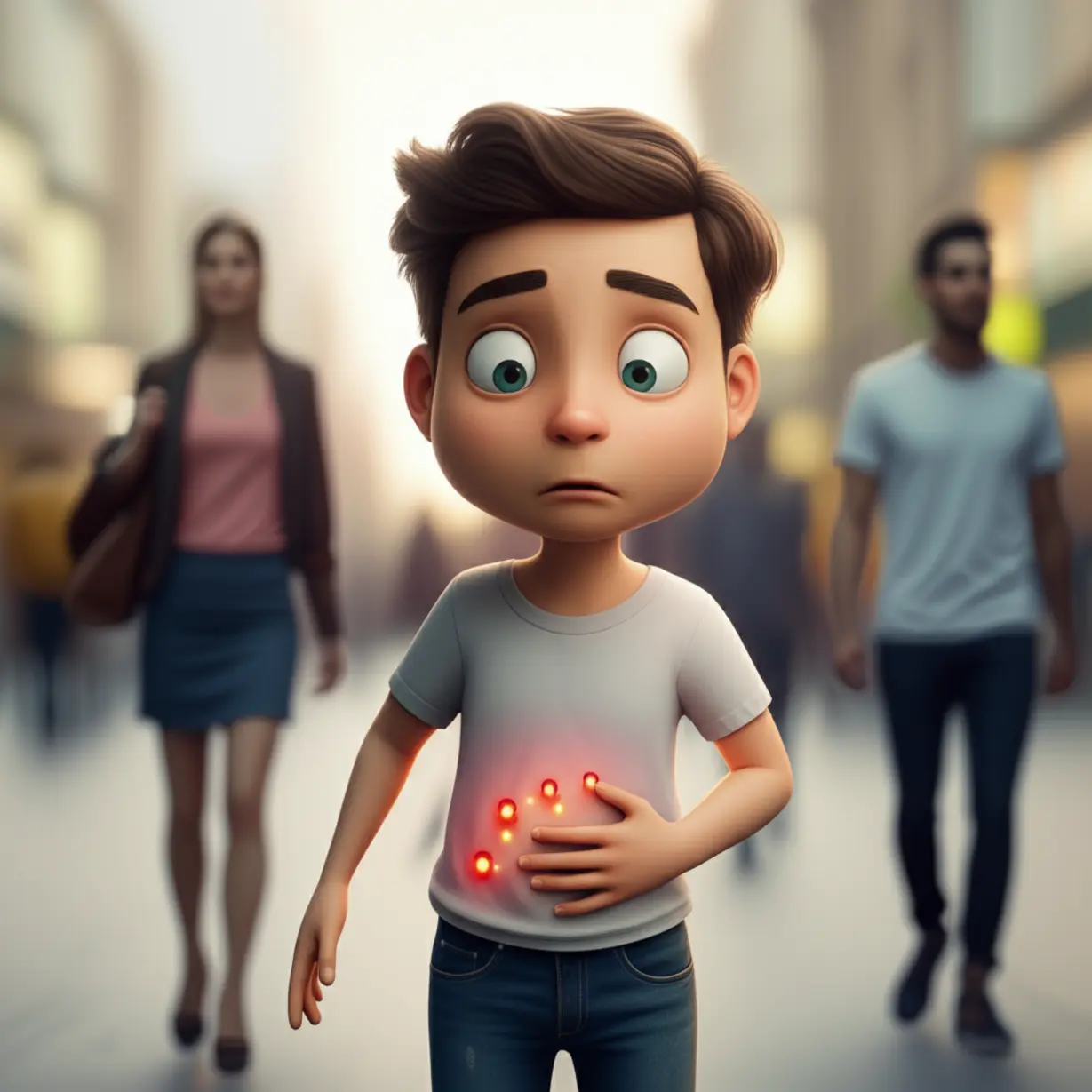 귀여운-3D-캐릭터가-배-주변에-작게-빛나는-신호들을-보고-어리둥절해하며,-다른-사람들은-무심하게-지나가는-모습.