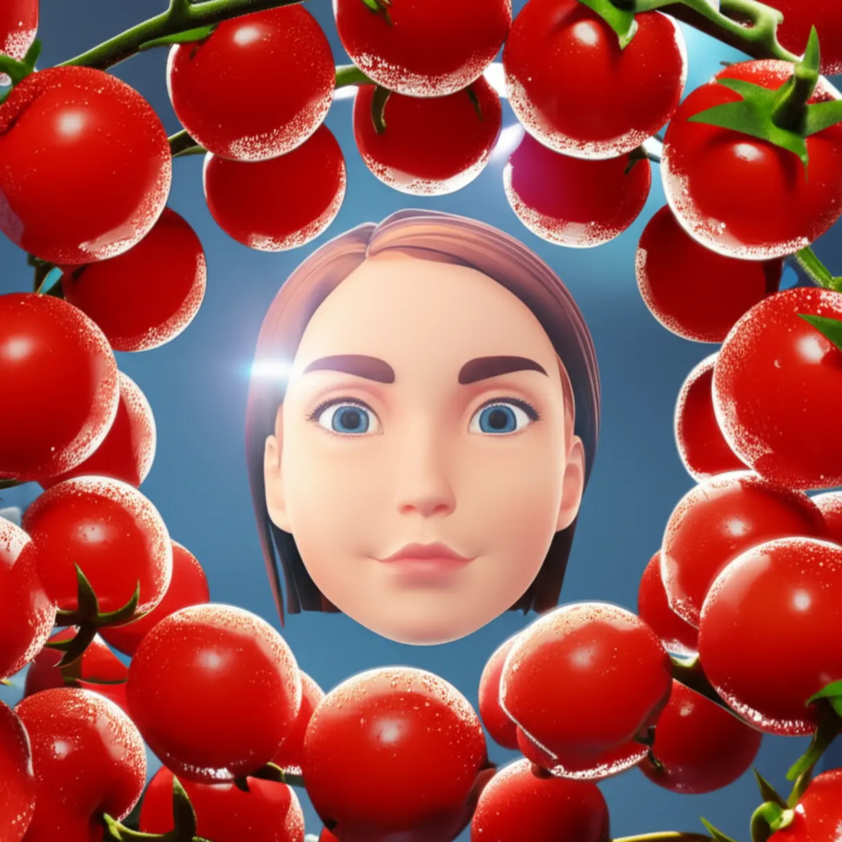 A-glowing-face-reflected-in-a-mirror,-showing-improved-skin,-with-stevia-cherry-tomatoes-around.