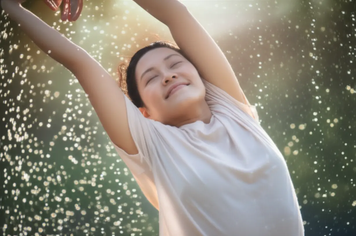 A-3D-illustration-of-a-person-stretching-with-a-feeling-of-relief-and-comfort,-surrounded-by-elements-of-hydration-and-healing.