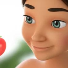 A-person-with-a-knowing-smile-holding-a-glowing-stevia-cherry-tomato,-radiating-wellness-and-vitality.