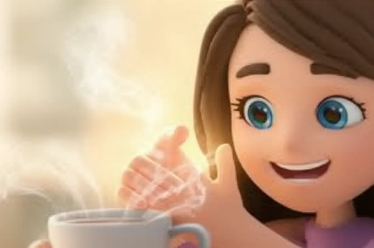 A-cute-3D-person-gently-massaging-their-hand,-with-a-warm-mug-of-tea,-looking-relieved.