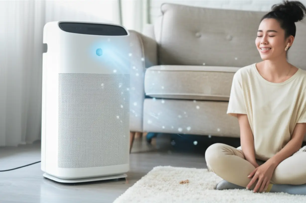 깨끗한-공기청정기가-있는-아늑한-방에서-상쾌하게-숨-쉬는-행복한-모습의-귀여운-3D-캐릭터