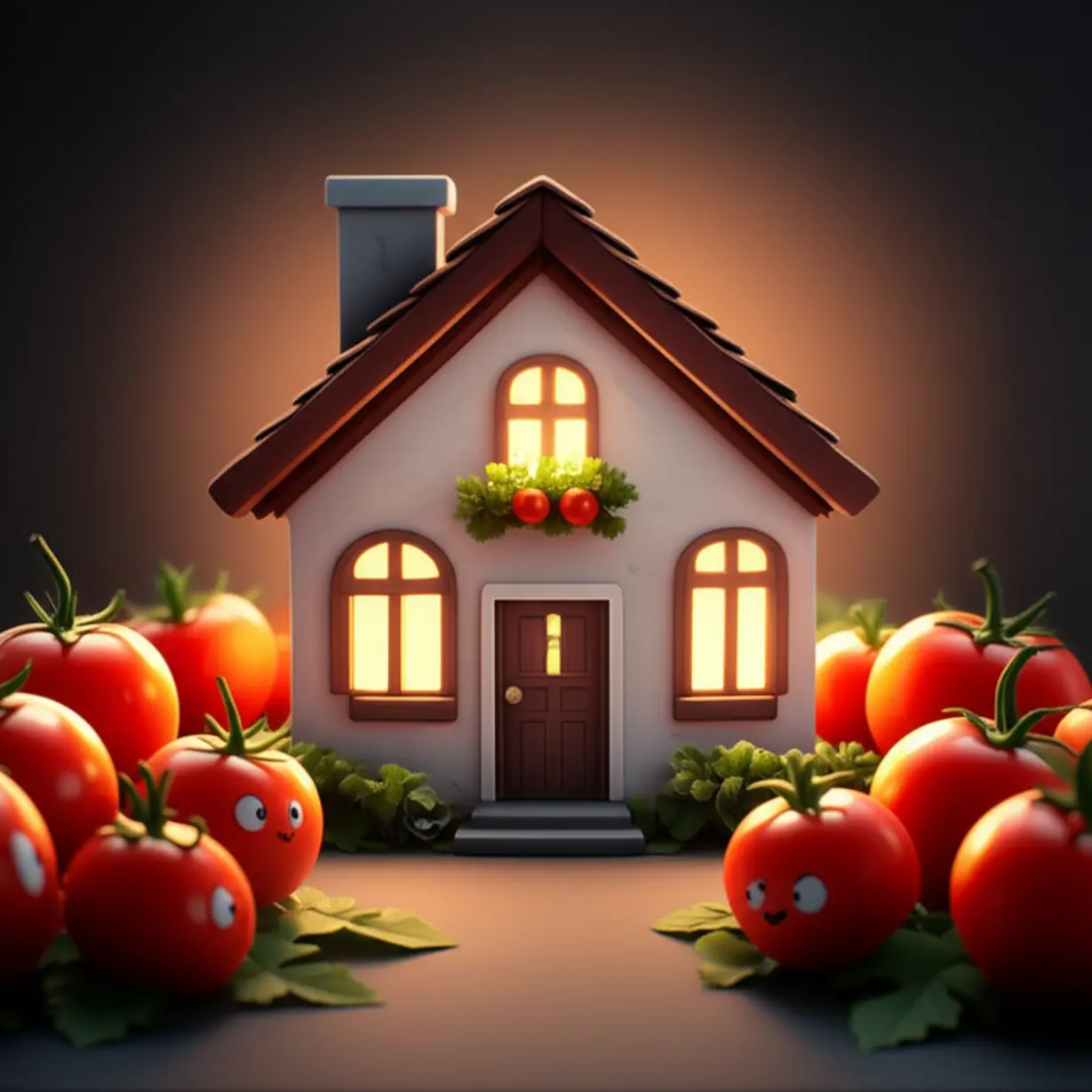 A-cozy,-well-protected-house-with-a-warm-glow,-depicting-internal-body-health,-with-stevia-cherry-tomatoes-as-friendly-guardians.
