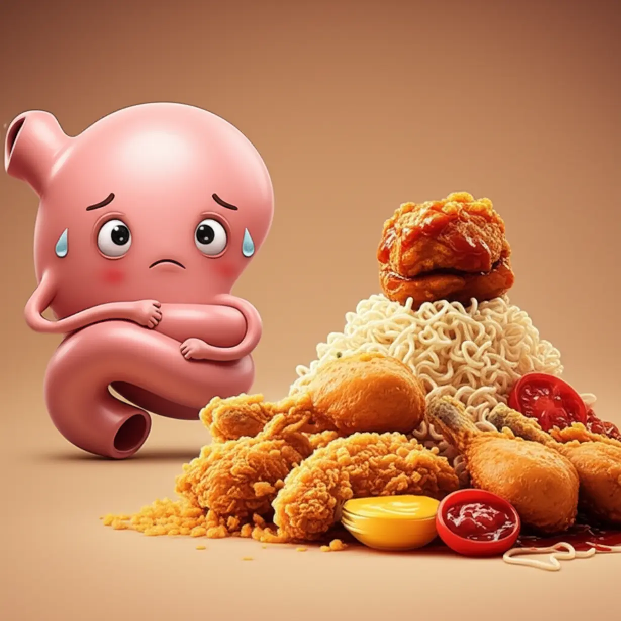 A-cute-3D-stomach-character-with-a-knot,-surrounded-by-food,-looking-stressed.