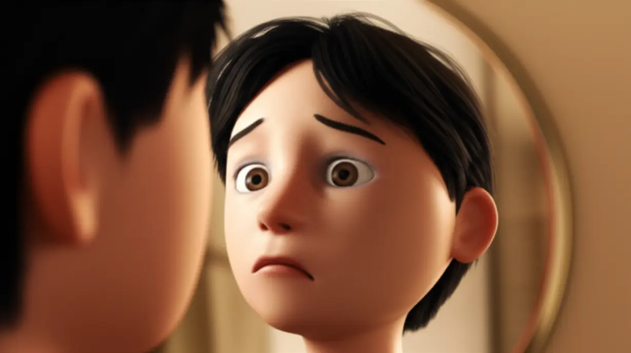 A-cute-3D-cartoon-person-looking-worriedly-at-their-reflection,-then-a-lightbulb-moment-of-understanding-and-relief.