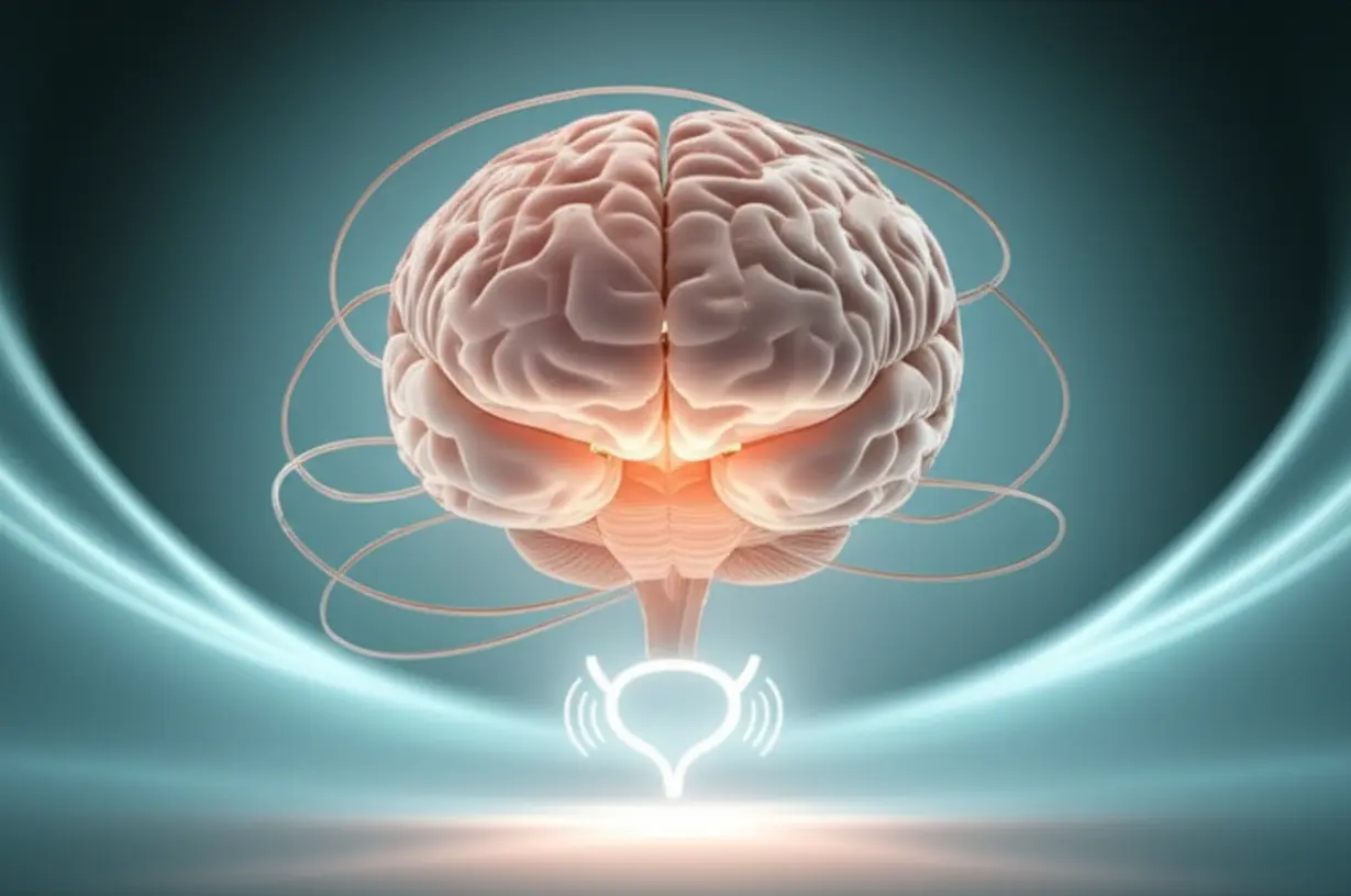 A-cute-3D-representation-of-a-glowing-brain-connected-to-a-pulsating-bladder-by-tangled-lines,-illustrating-the-complex-nerve-signals-in-overactive-bladder.