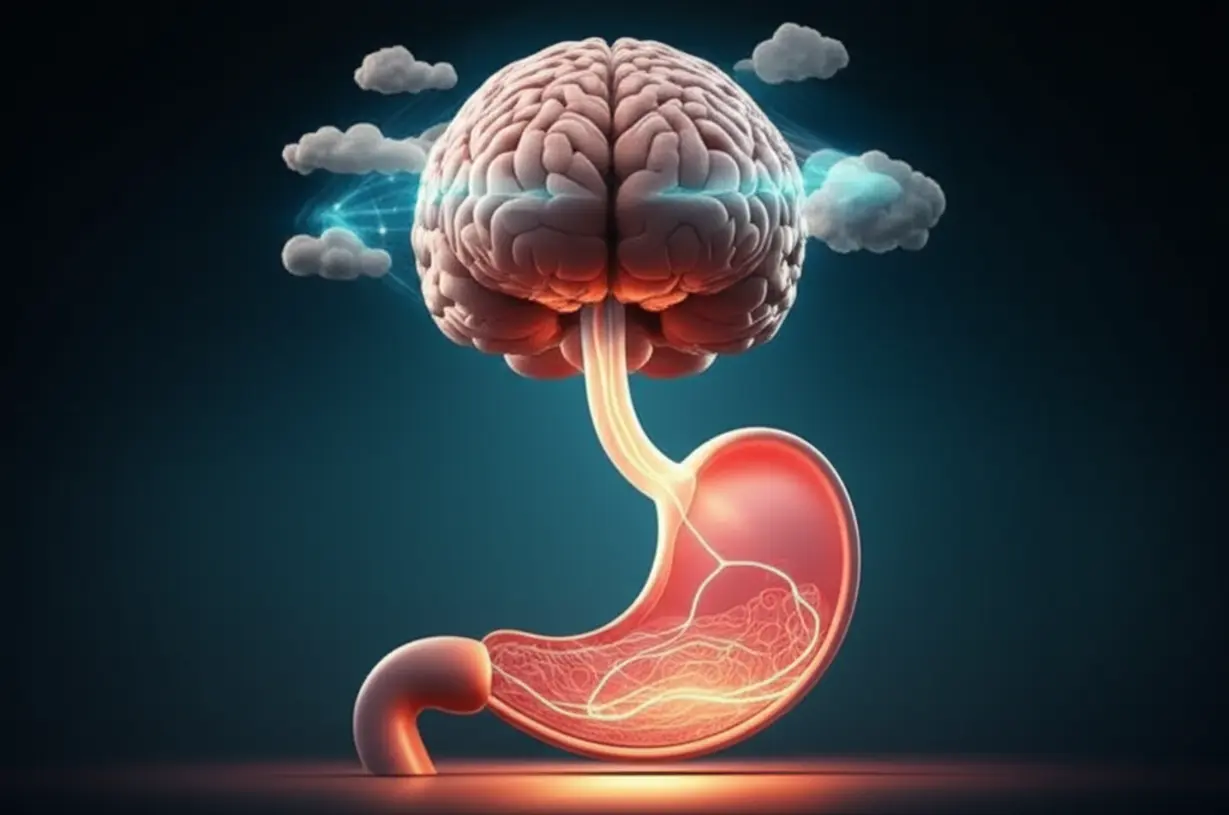뇌와-귀여운-만화-위가-빛나는-경로로-연결되어-마음과-몸의-연결을-보여주는-귀여운-3D-이미지