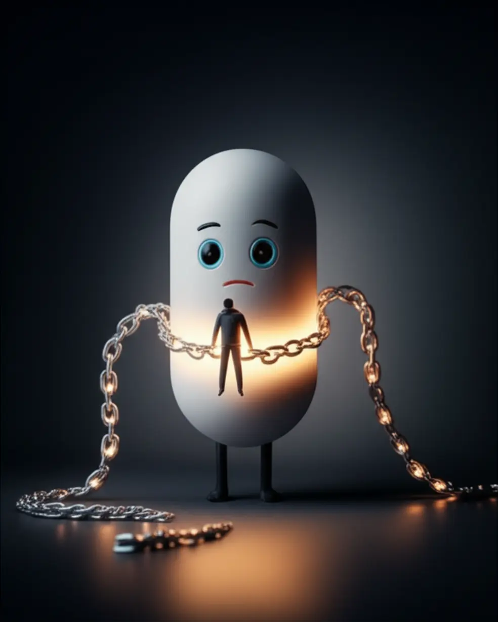 A-3D-image-of-a-person-gently-held-by-glowing-chains-emanating-from-a-small,-seemingly-innocent-pill,-symbolizing-the-insidious-trap-of-medication-dependency.