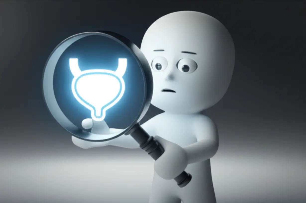 A-cute-3D-character-looking-confused-while-examining-a-healthy-bladder,-symbolizing-the-mystery-of-non-bacterial-overactive-bladder.