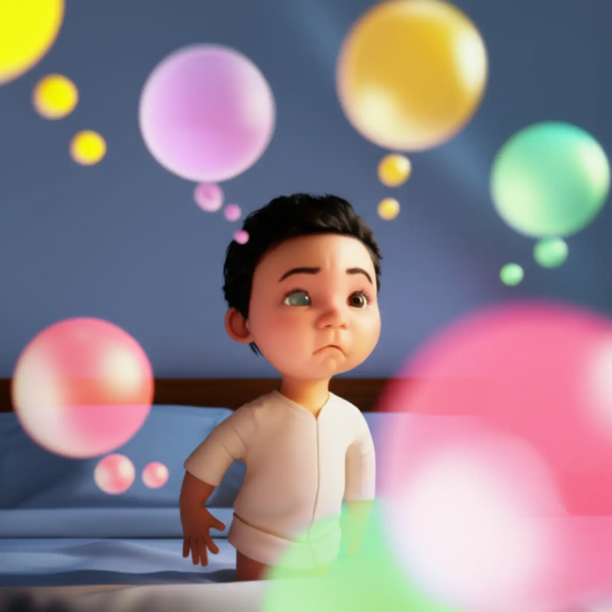 A-3D-image-of-a-confused-figure-in-a-bedroom,-with-fuzzy,-disappearing-thought-bubbles-around-them,-illustrating-memory-loss-and-mental-fogginess-after-taking-medication.