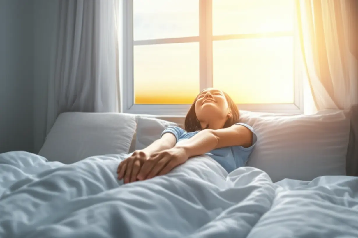 A-3D-image-of-a-relaxed-figure-happily-stretching-in-a-sunlit-bedroom-with-a-sunrise,-signifying-a-fresh-start-and-peaceful-sleep.