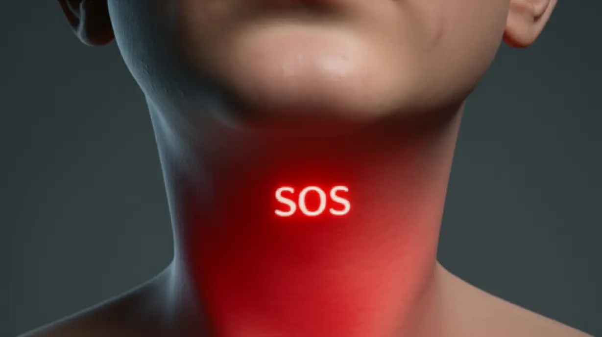 A-3D-illustration-of-a-throat-with-a-glowing-SOS-symbol,-representing-early-warning-signs.