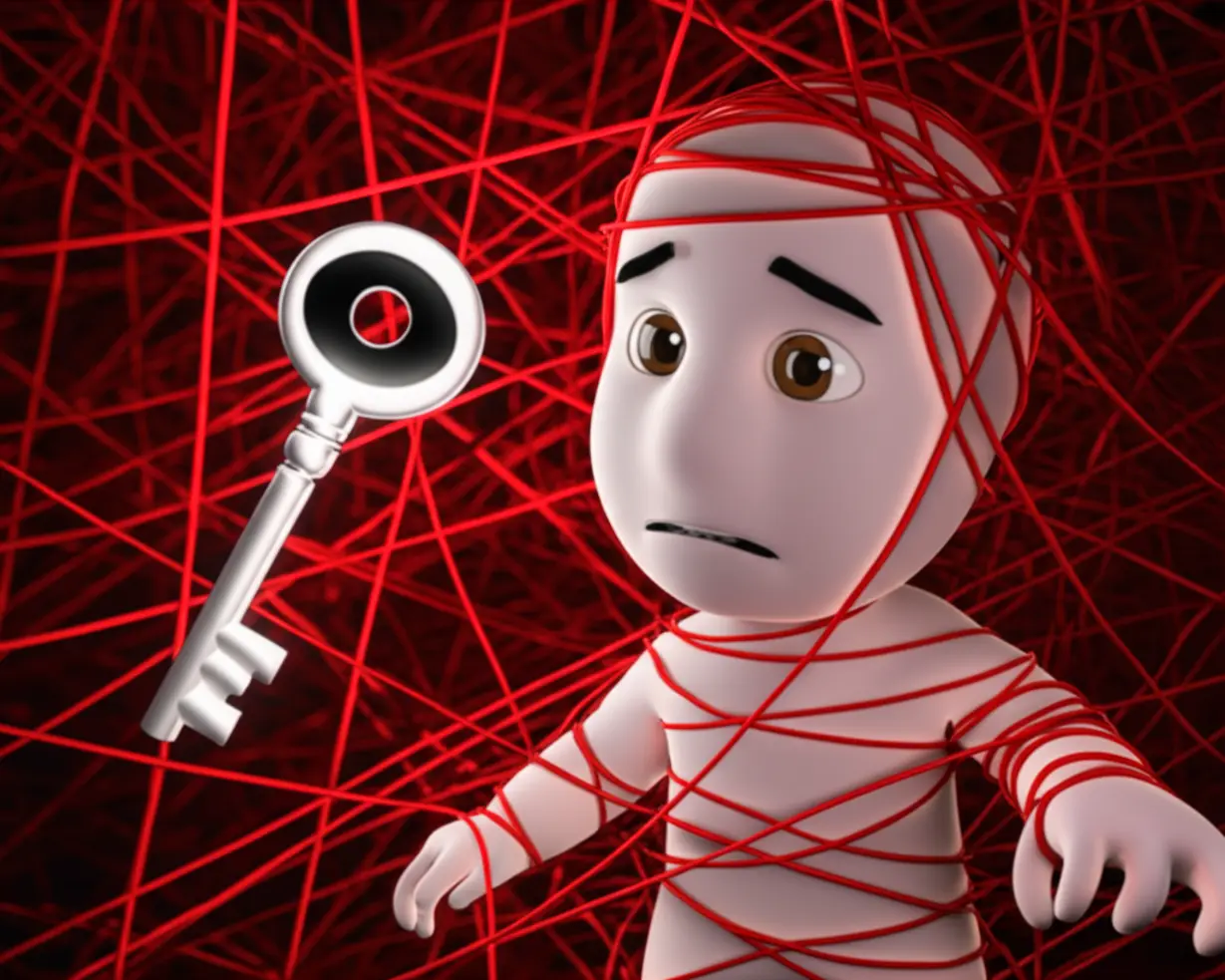 약물-의존성과-불안감을-상징하는-붉은-실에-얽매여-갇힌-사람의-모습,-열쇠가-손에-닿지-않는-곳에-있습니다.