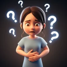 귀여운-3D-캐릭터가-배를-잡고-걱정스럽지만-호기심-어린-표정을-짓고-있으며,-주변에-미묘하게-빛나는-물음표들이-떠다니는-모습.